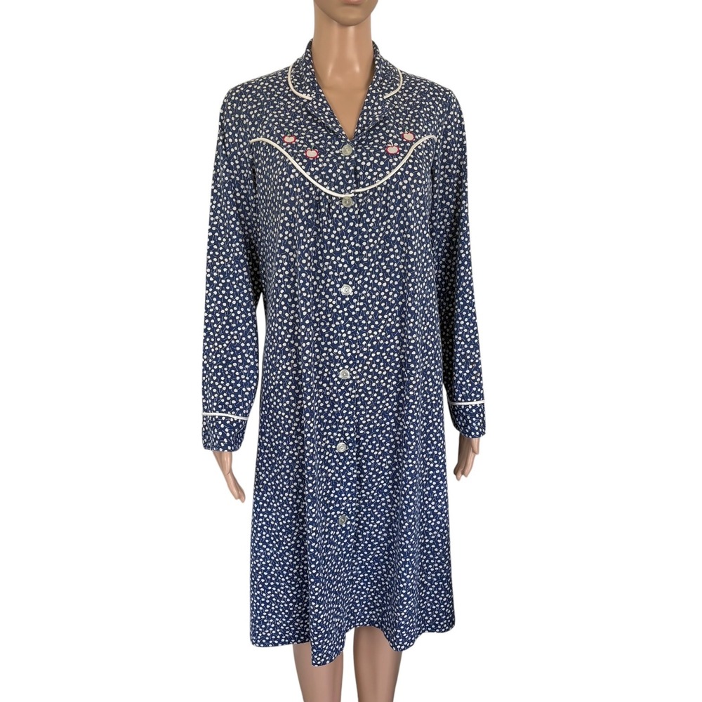 Vintage Ronex Blue White Cherry Print Button Front Nightgown Sleep Cottage